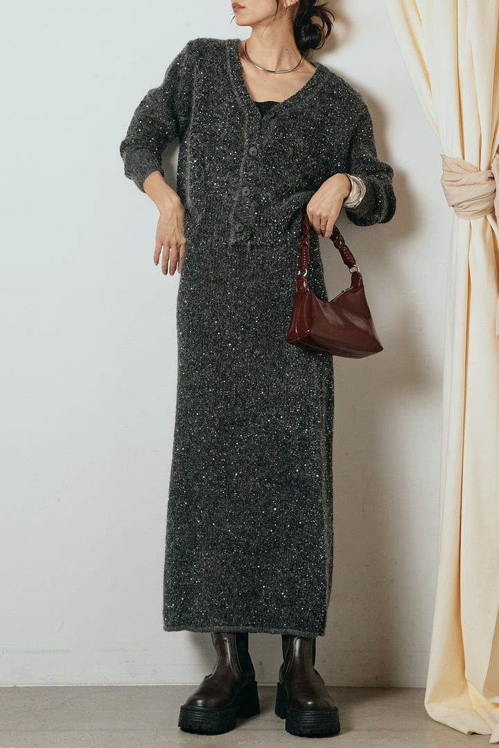 [SET]ミニラメニットカーディガン+ミニラメニットスカート(2set)