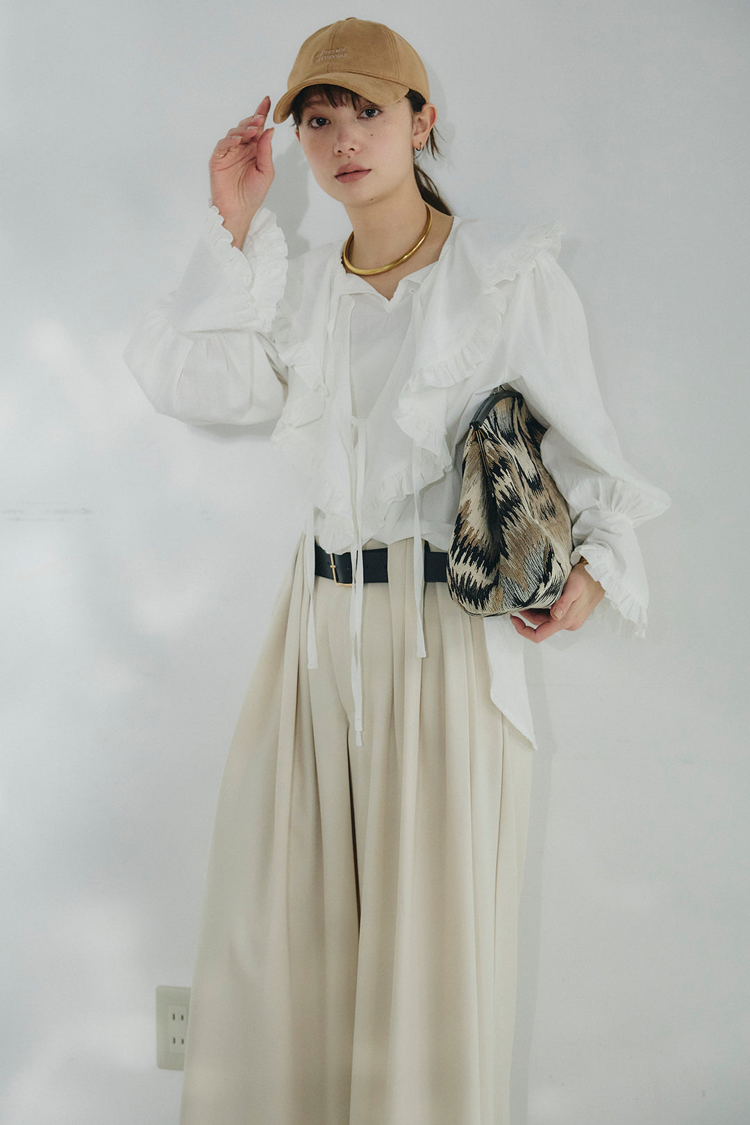 [SET]コットンフリルブラウス+ベルト付きタックデザインハイウエストロングパンツ(2set)