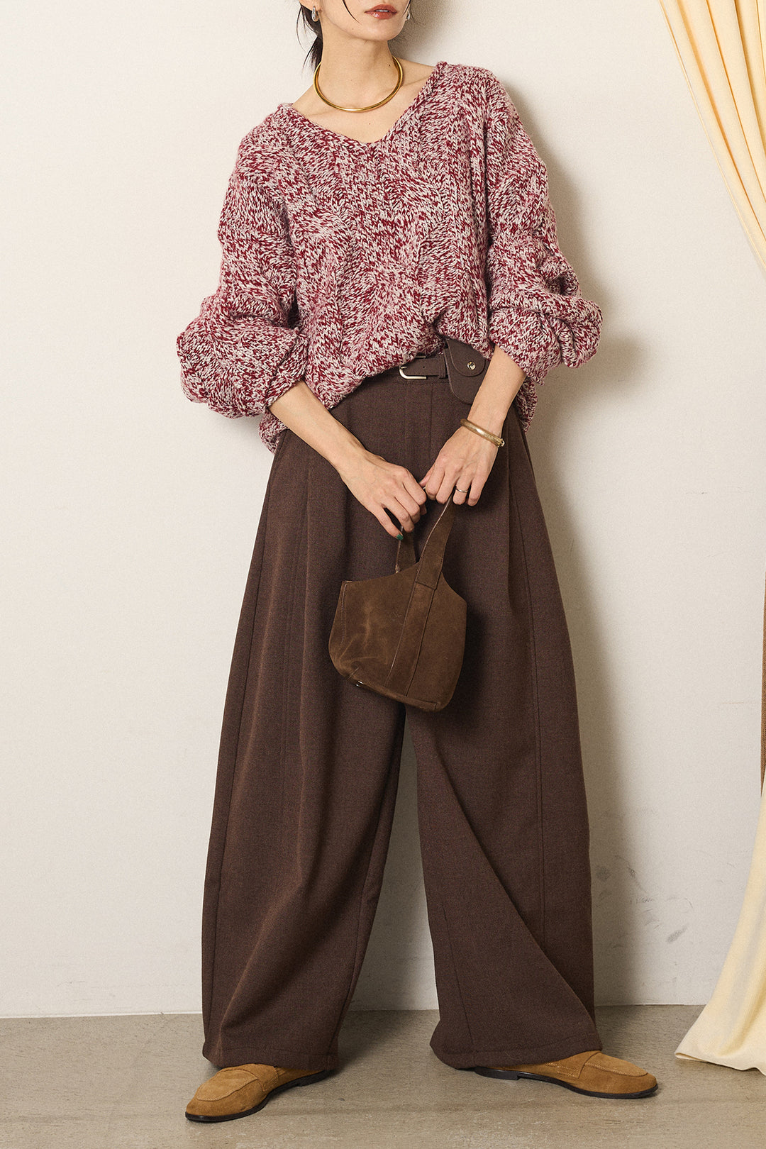 [SET]Vネックミックス編みニットトップス+ポーチベルト付きカーブパンツ(2set)