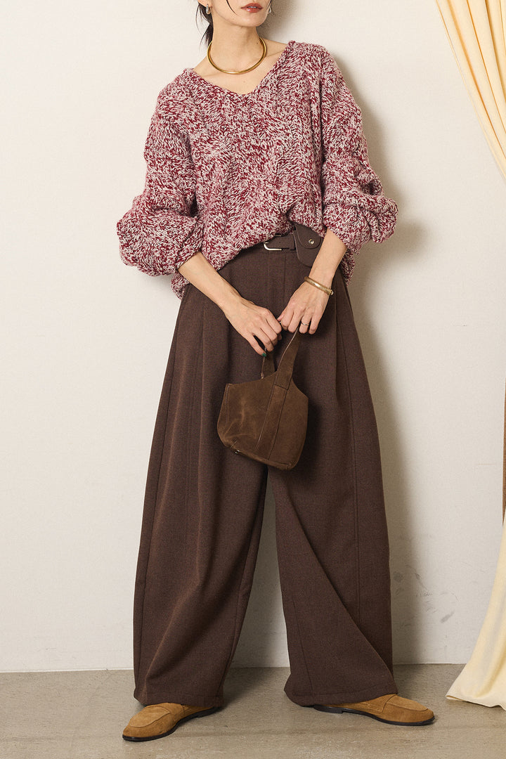 [SET]Vネックミックス編みニットトップス+ポーチベルト付きカーブパンツ(2set)