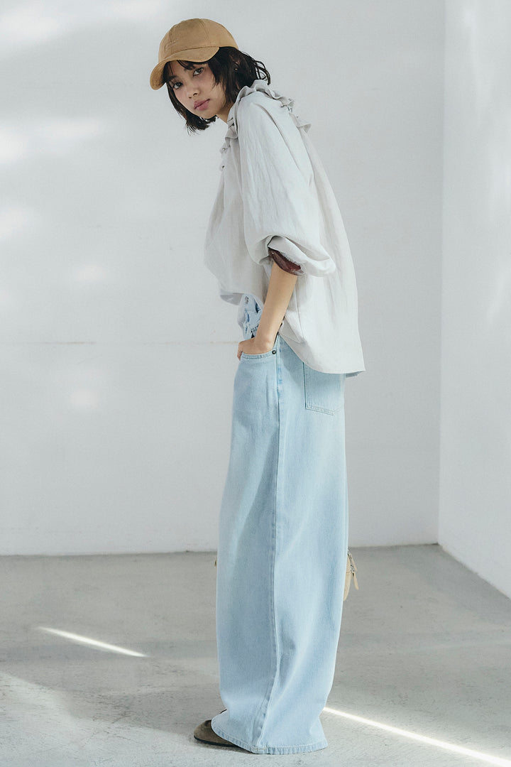 [SET]ネックフリルデザインブラウス+ウエスト裁ち切りデニムワイドパンツ(2set)