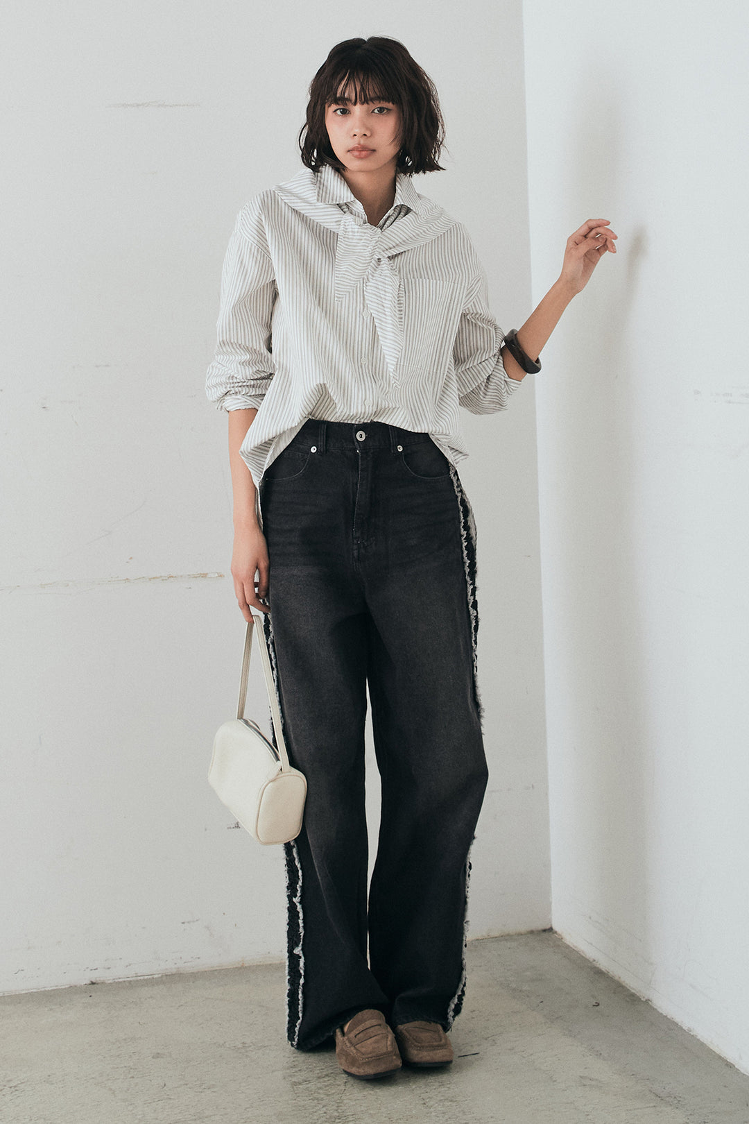 [SET]ランダムストライプスカーフ付きシャツ+デニムサイドフリルパンツ(2set)