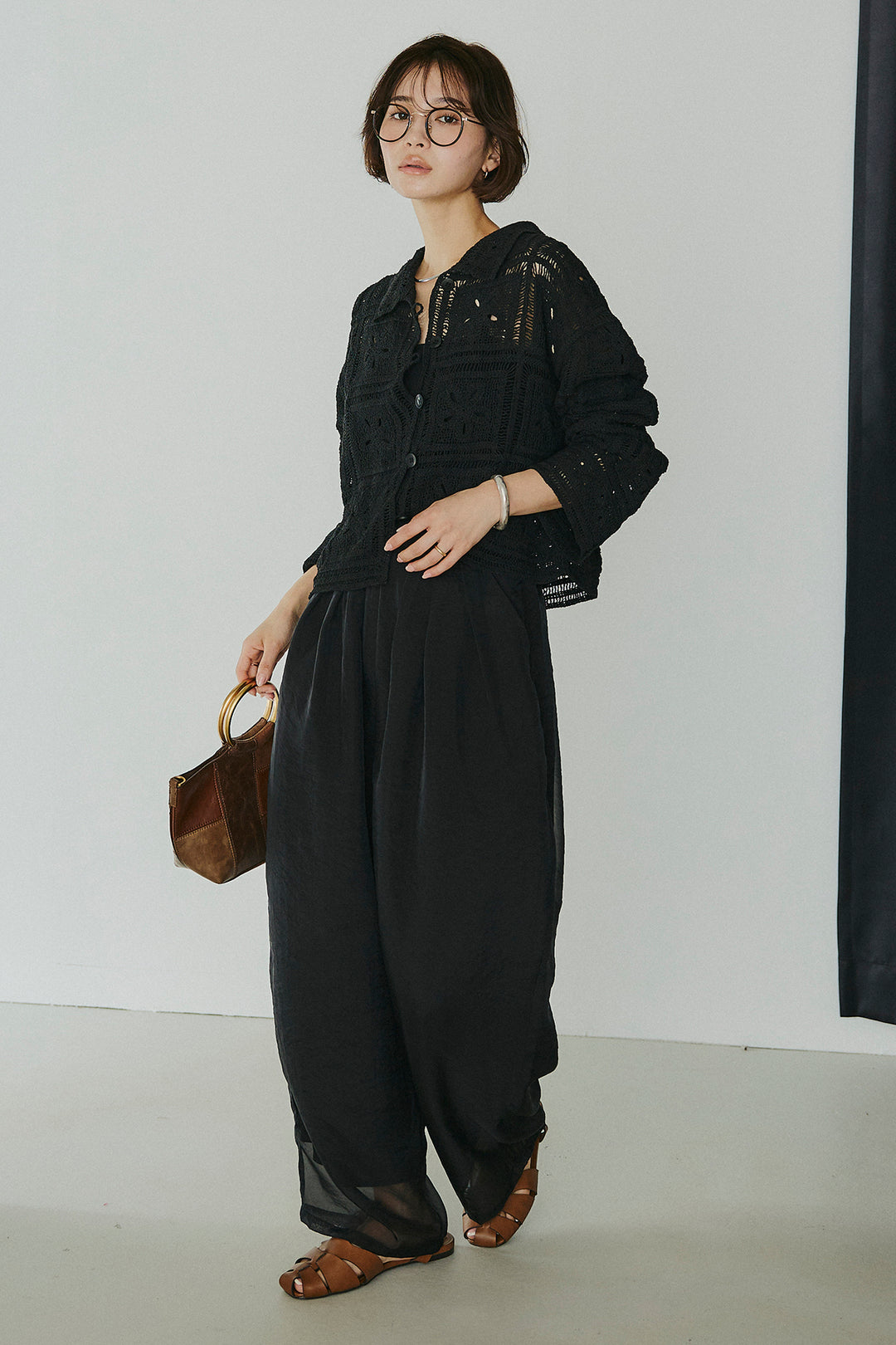 [SET]鍵編みフラワーレースカーディガン+オーガンジータックパンツ(2set)