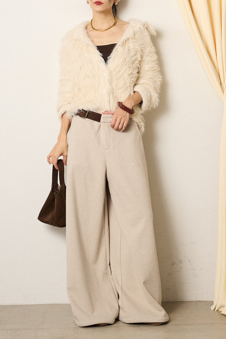 [SET]襟付きシャギーニットカーディガン+サイドベルトパンツ(2set)