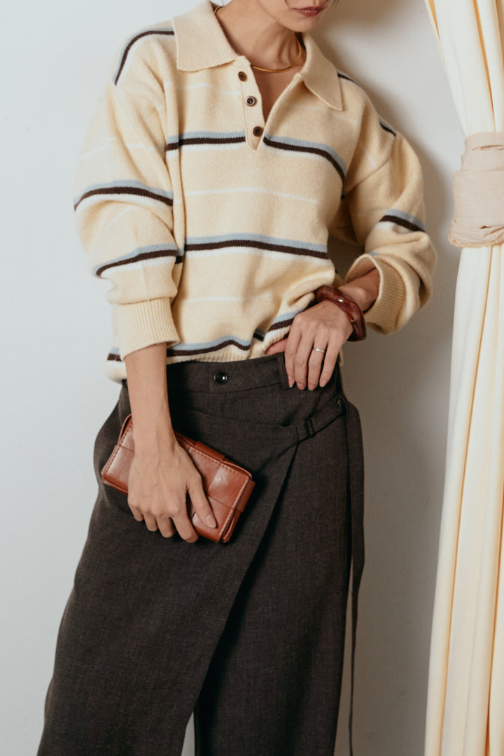 [SET]襟付きマルチボーダーニットポロトップス+ラップ巻きワイドスラックス(2set)