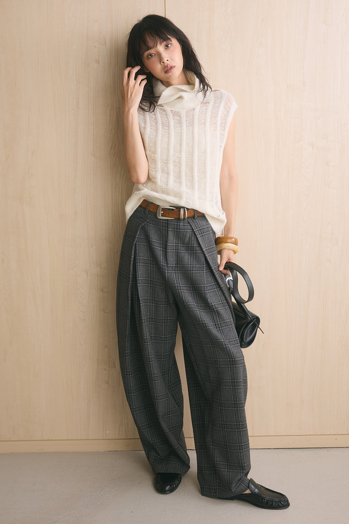 [SET]ハイルーズタートル透かし編みニットベスト+ブリティッシュチェックバレルパンツ(2set)