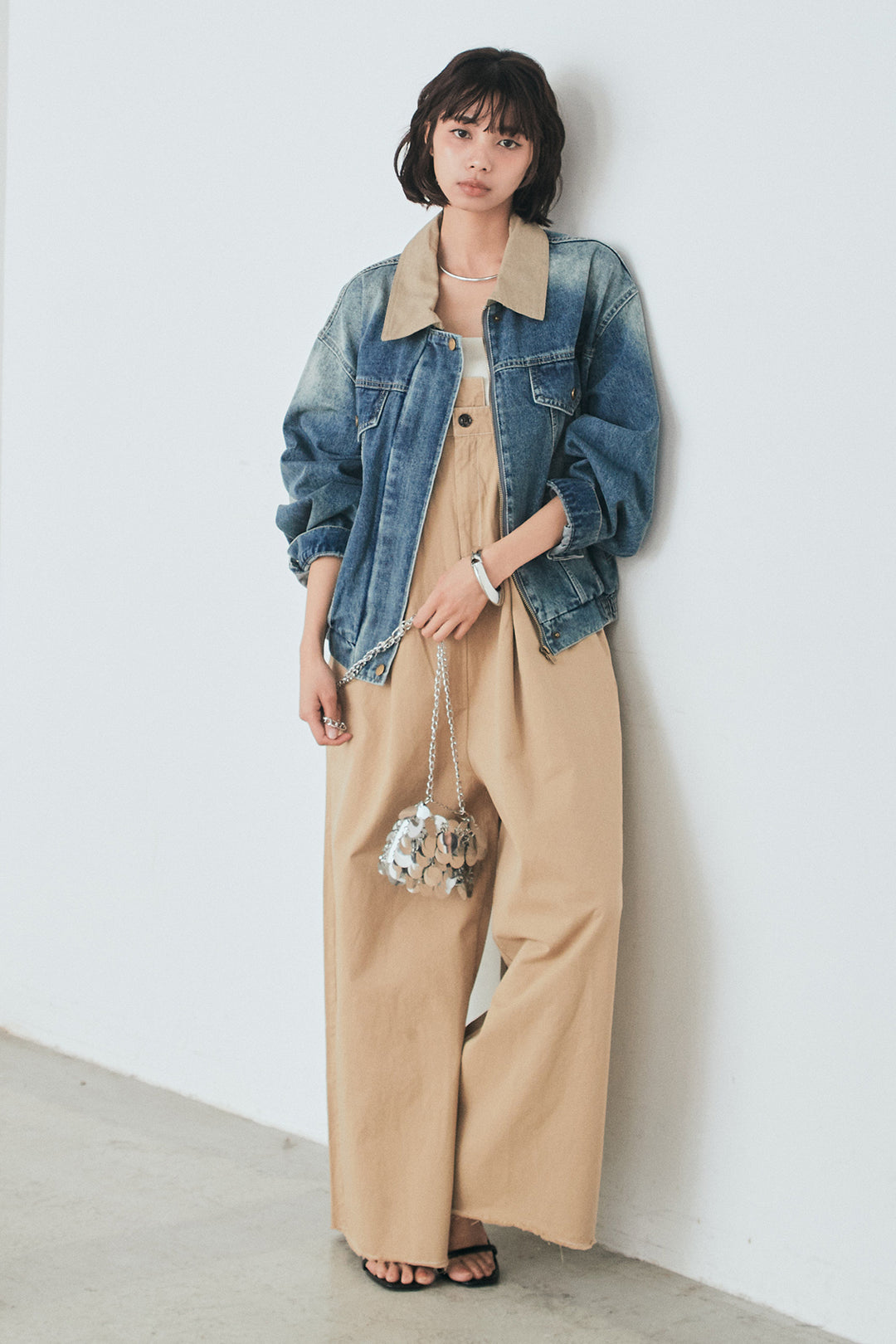 [SET]襟切り替えジップデニムジャケット+綿ツイルアシメサロペット(2set)