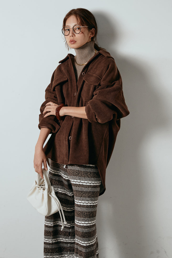 [SET]襟付きコーデュロイポケットシャツ+リブニットシームレスタートルプルオーバー+マルチライン柄リラックスニットパンツ(3set)