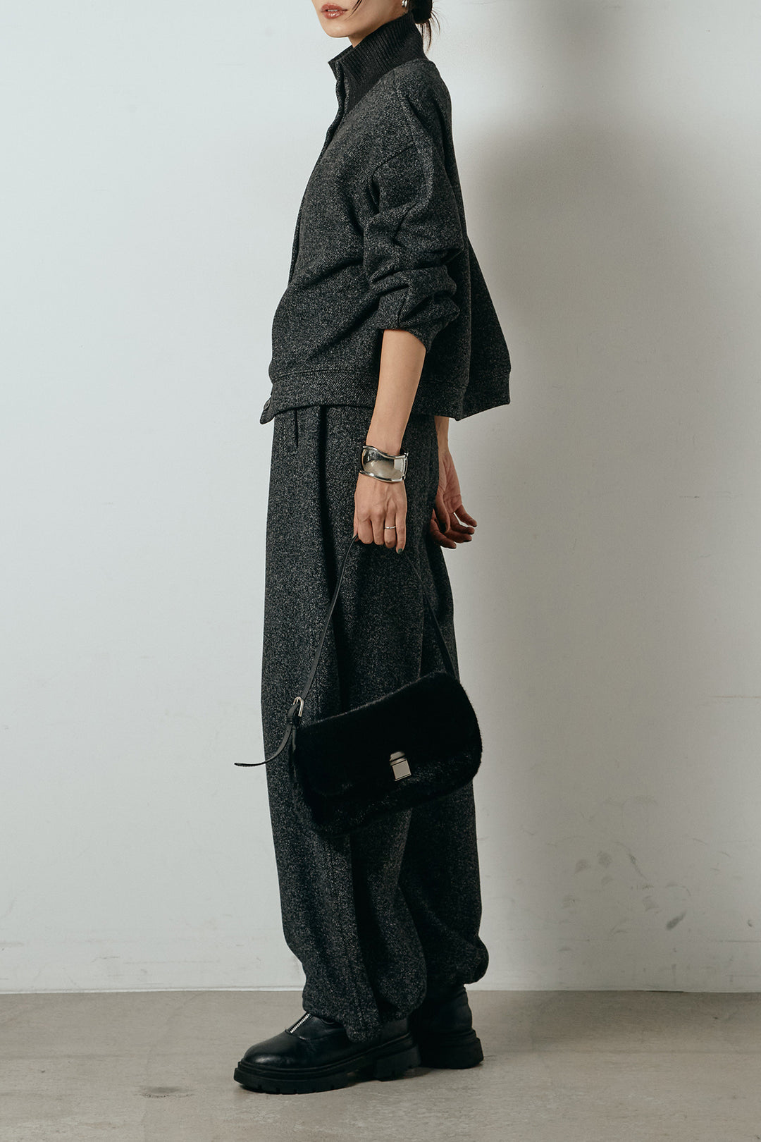 [SET]リブスタンドネックボタントップスSETUP