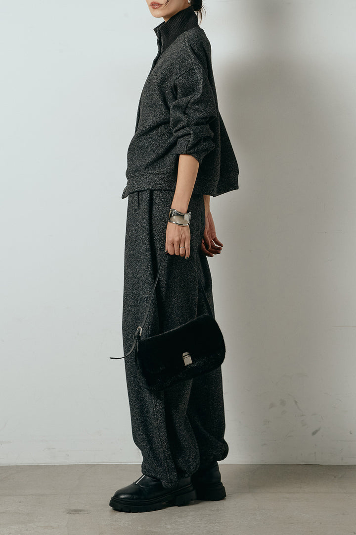 [SET]リブスタンドネックボタントップスSETUP