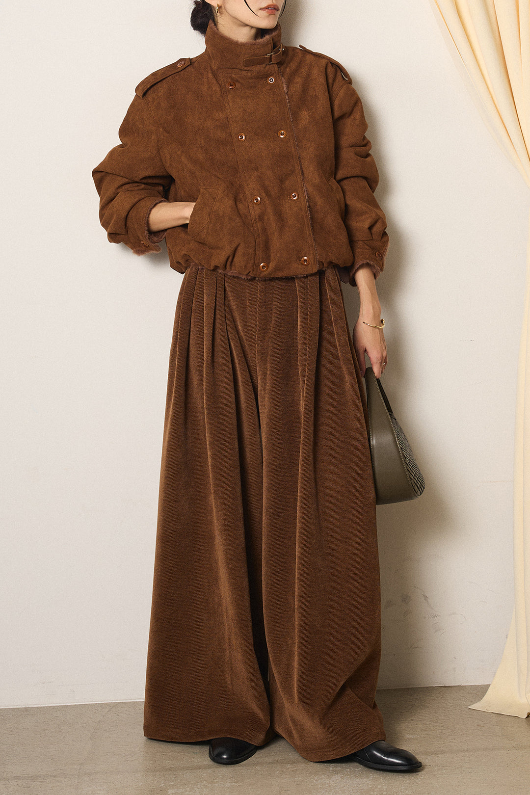 [SET]スタンド襟スウェードライクアウター+ベルトループコーデュロイワイドパンツ(2set)
