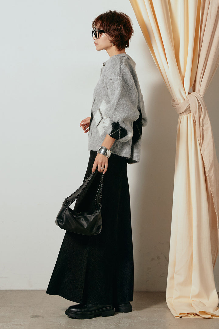 [SET]アーガイル柄ポロニットトップス+スウェードライクロングスカート(2set)