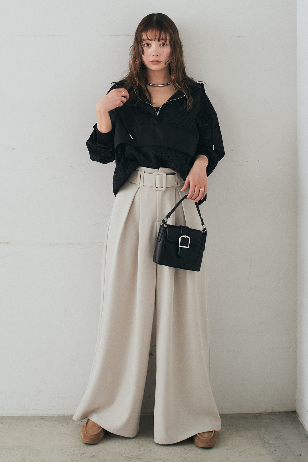 [SET]レースハーフジップアップフーディー+ベルト付きツータックワイドパンツ(2set)