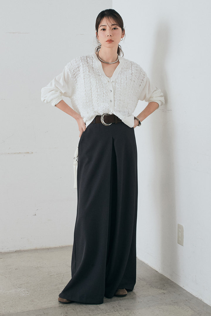 [SET]モコレースVネックカーディガン+太ベルト付きフロントタックパンツ(2set)