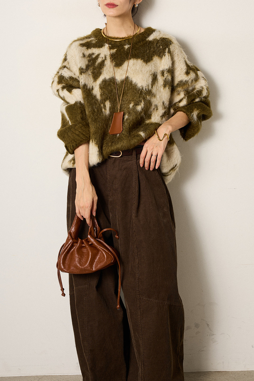 [SET]モヘアタッチマーブルニット+タック入りコーデュロイワイドパンツ(2set)