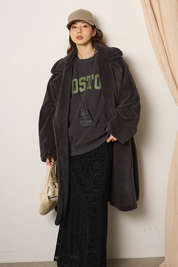 [SET]テディボアロングコート+ロゴデザインルーズスウェット+花柄刺繍ベロアフレアスカート(3set)