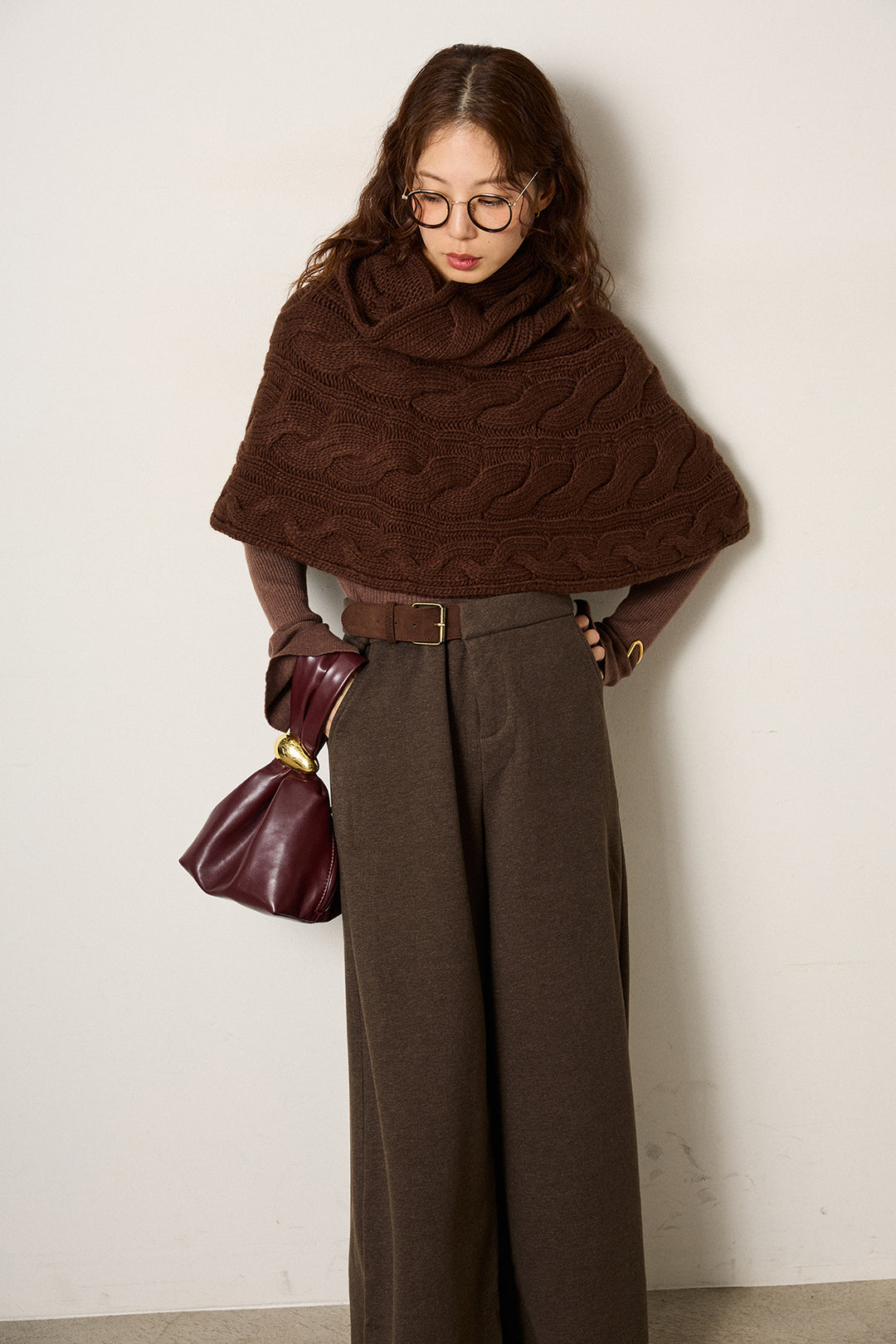 [SET]ケーブル編みケープレイヤードニット+サイドベルトパンツ(2set)