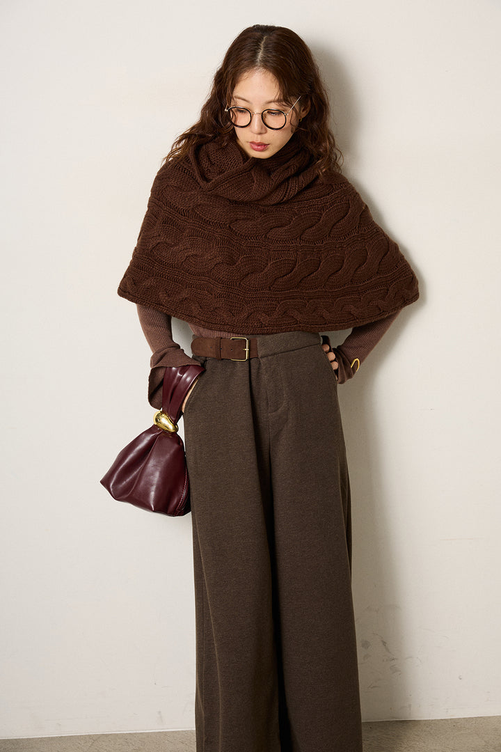 [SET]ケーブル編みケープレイヤードニット+サイドベルトパンツ(2set)