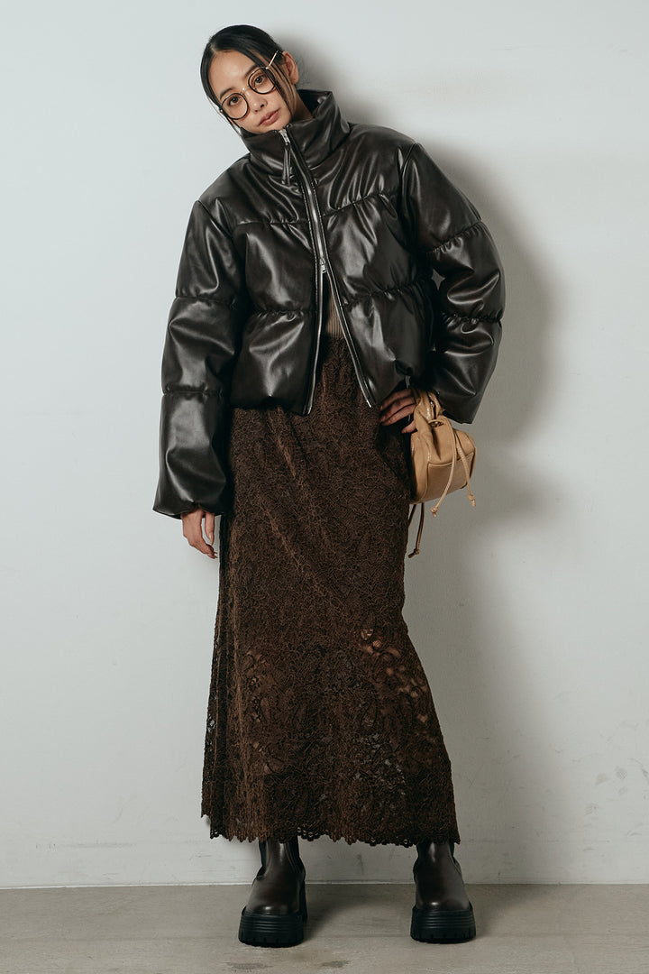 [SET]レザーライクWジップスタンドカラー中綿ブルゾン+総レース刺繍スカート(2set)