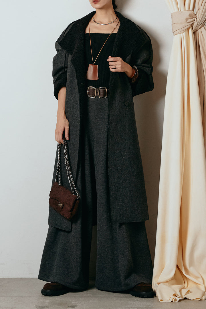 [SET]裏地ボアハイネックロングアウター+フェイクレザー太ベルト付きタックワイドパンツ(2set)