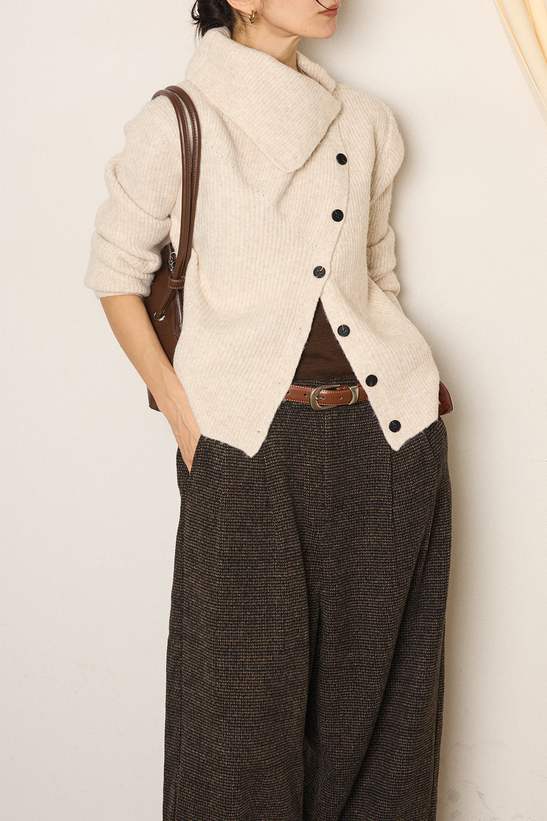 [SET]ボタンデザインネックニットプルオーバー+起毛タック入りツイードワイドパンツ(2set)