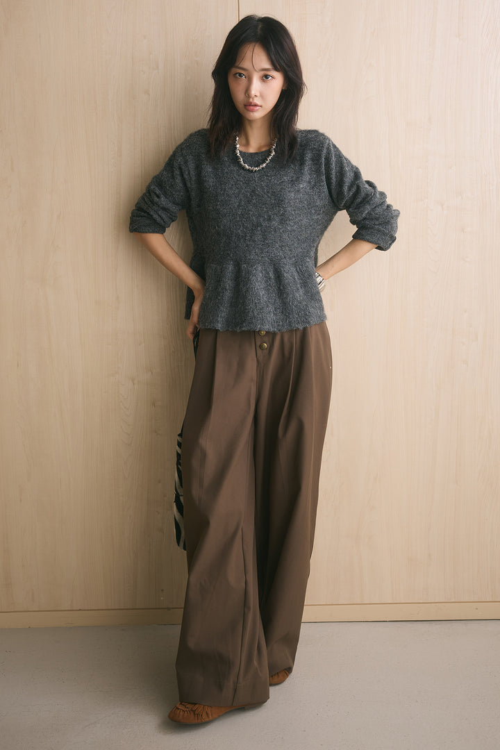 [SET]モヘアぺプラムクルーネックプルオーバー+ファイブボタンツータックワイドパンツ(2set)