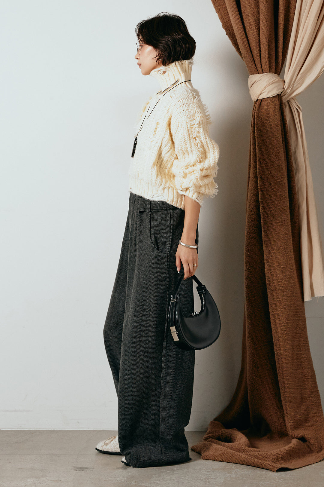 [SET]フリンジタートルショートニット+クラシックヘリンボーンサロペット(2set)