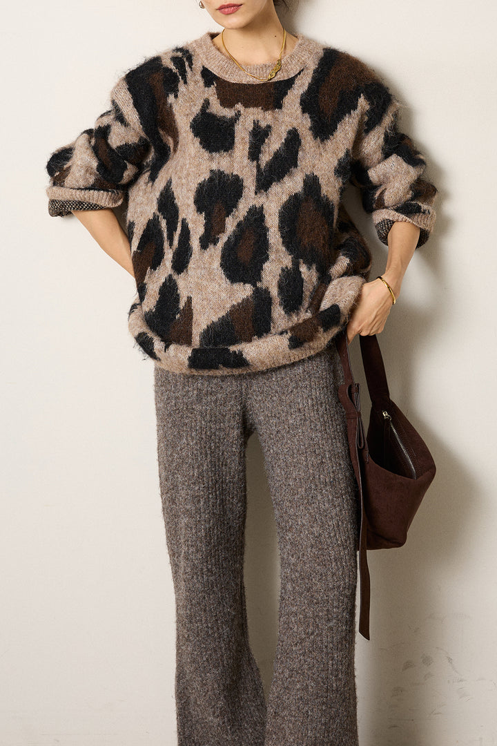 [SET]ルーズアニマルモヘアニットトップス+杢ニットリブフレアパンツ(2set)