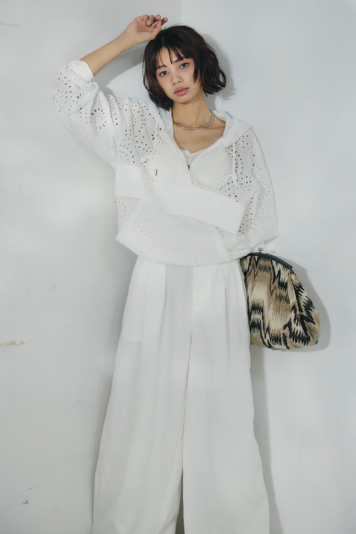 [SET]レースハーフジップアップフーディー+リネン混タックストレートワイドパンツ(2set)