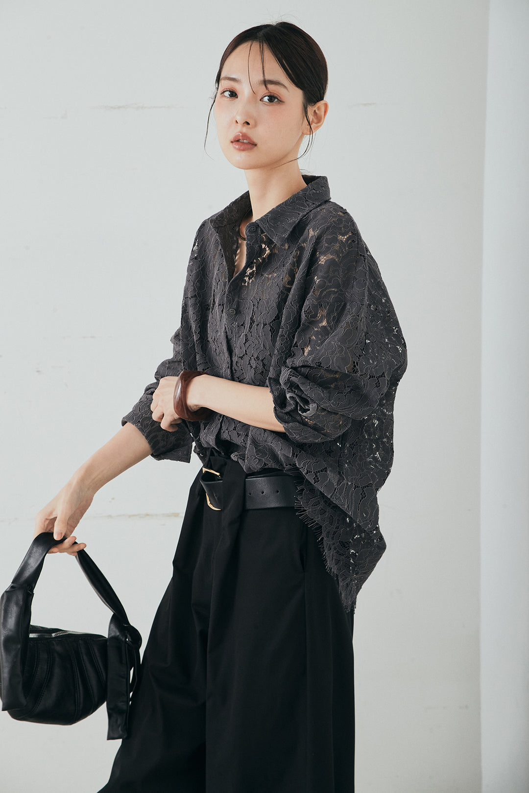 [SET]レース裾スカラップシャツ+ベルトループデザインハイウエストタックパンツ(2set)