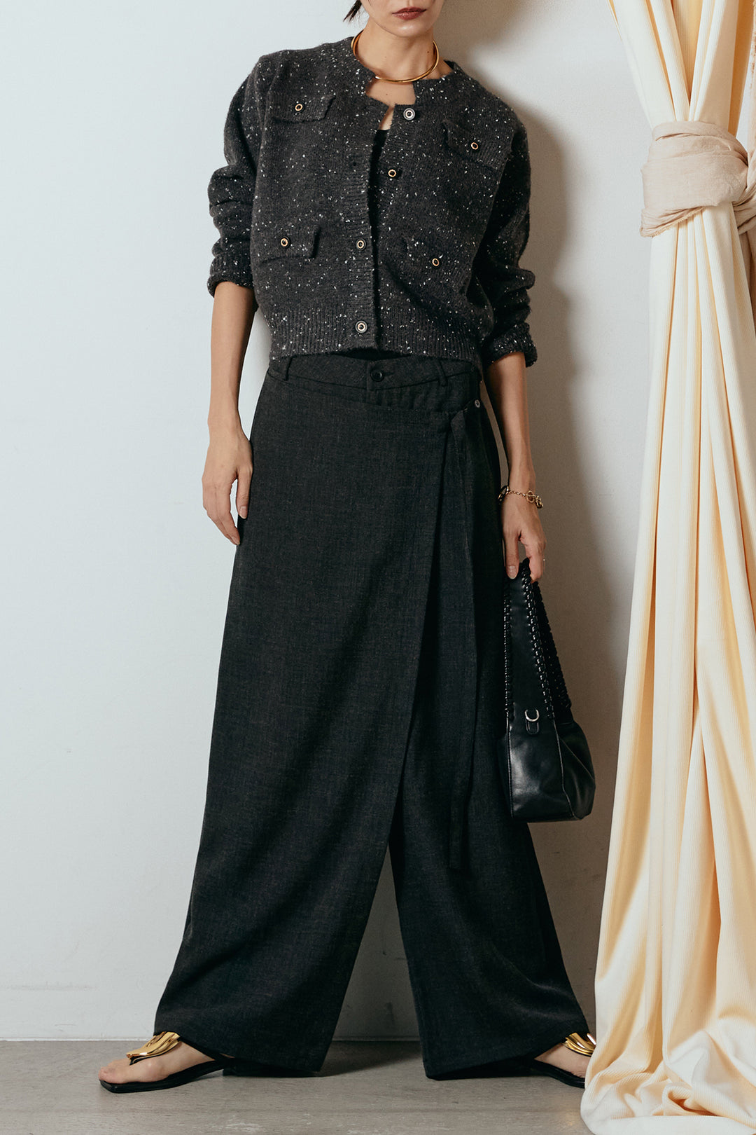 [SET]ネップニットカーディガン+ラップ巻きワイドスラックス(2set)