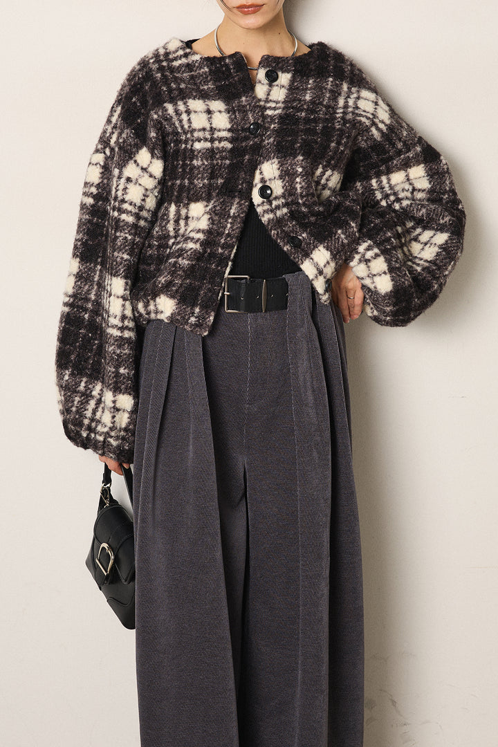 [SET]ノーカラーチェック柄ボアブルゾン+ベルトループコーデュロイワイドパンツ(2set)