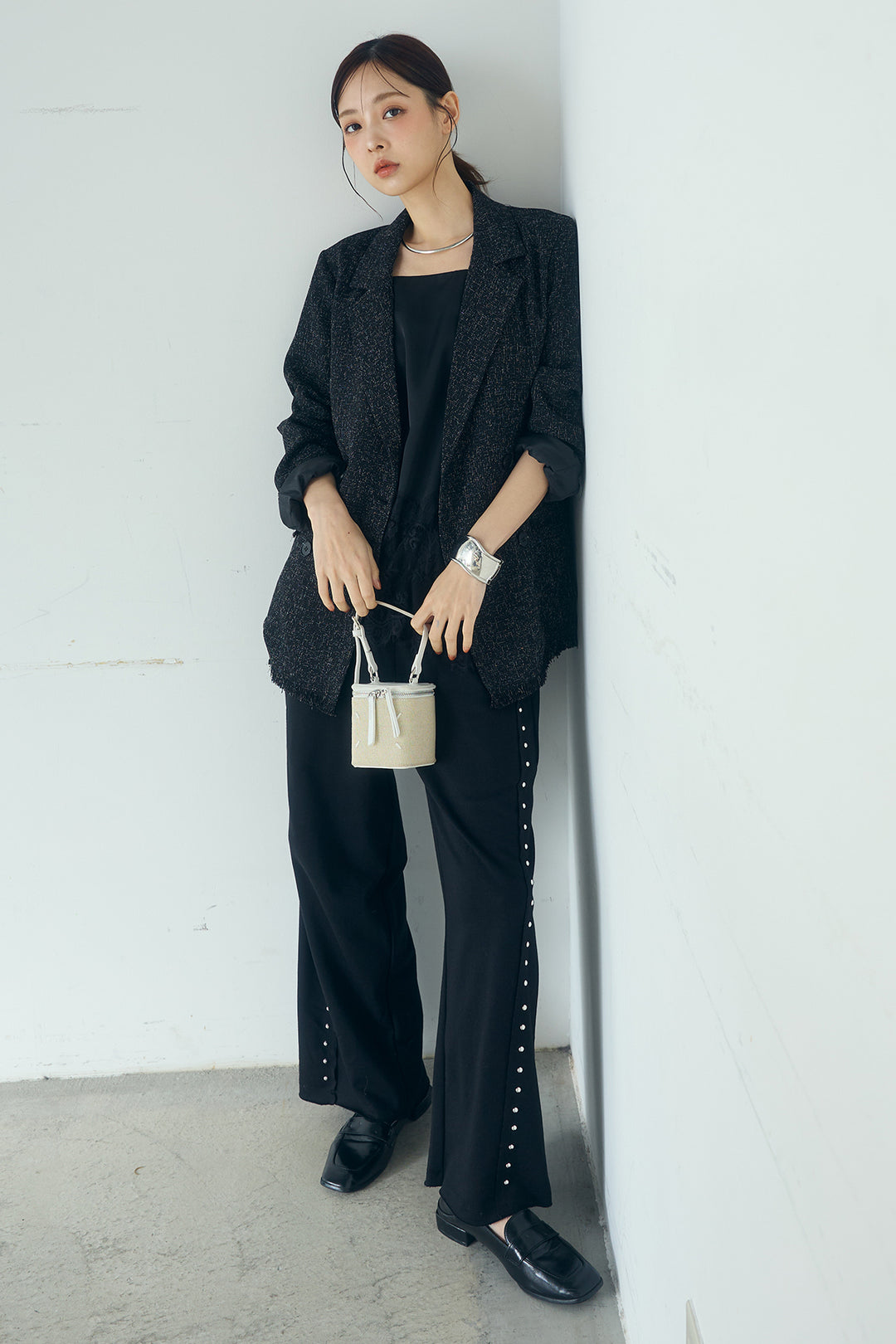 [SET]スラブネップツイードフリンジテーラードジャケット+サイドデザイン入りスウェットパンツ(2set)