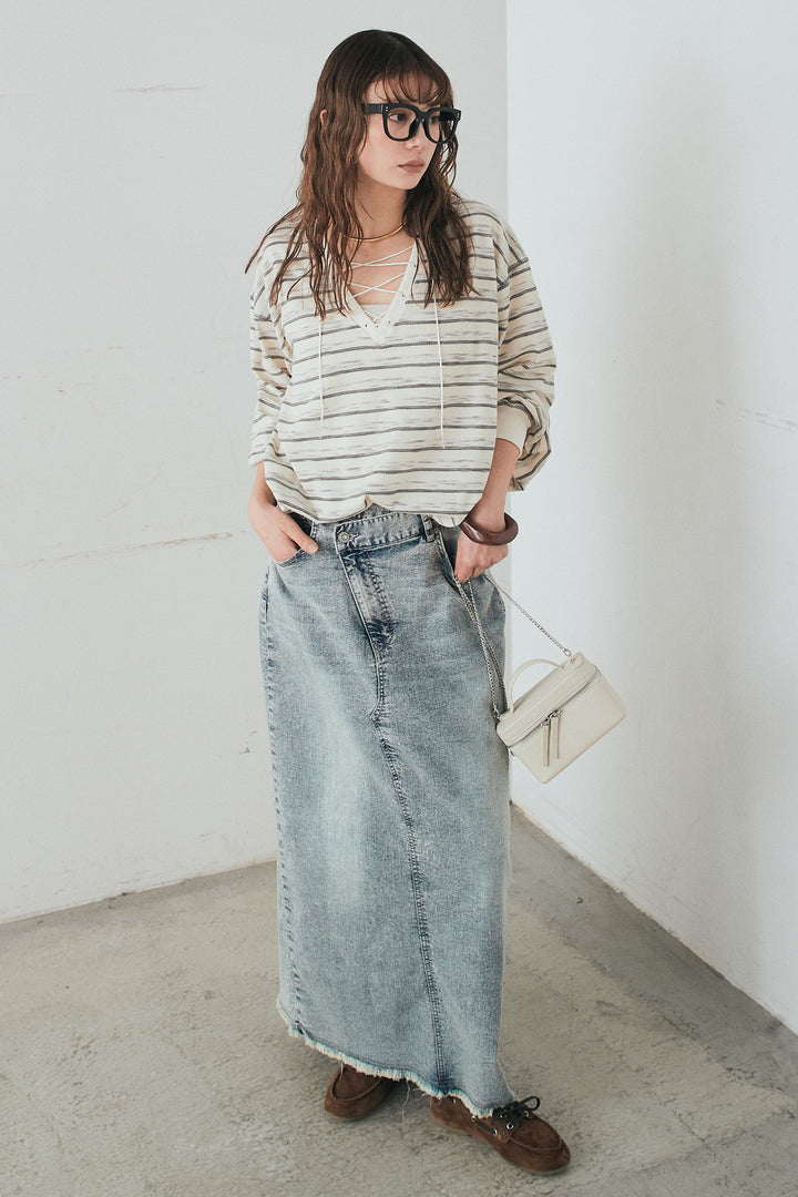 [SET]レースアップワッフルボーダートップス+ウエストクロスデニムタイトスカート(2set)