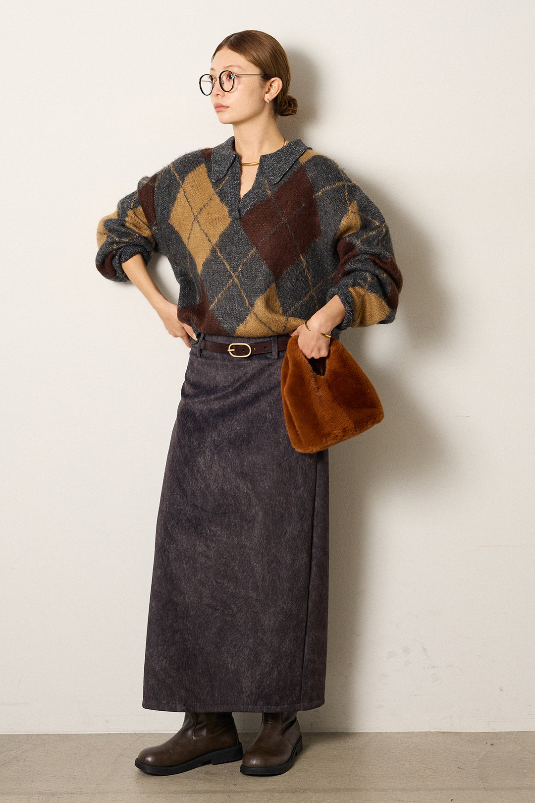 [SET]アクリルモヘアアーガイルキーネックプルオーバー+ロープベルト付きスウェード調スカート(2set)