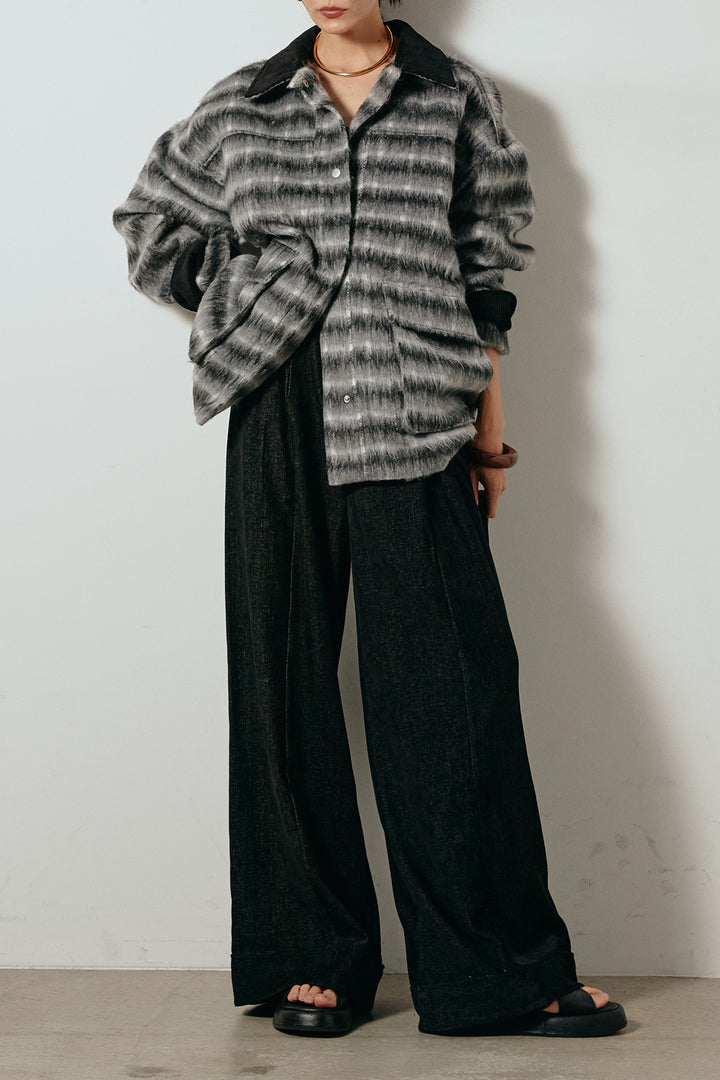 [SET]チェックシャギーミドルカバーオール+フェイクレザーベルト付きスウェードライクワイドパンツ(2set)