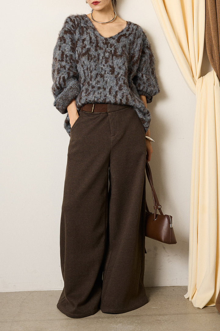 [SET]フラッフィーレオパードシャギーニット+サイドベルトパンツ(2set)