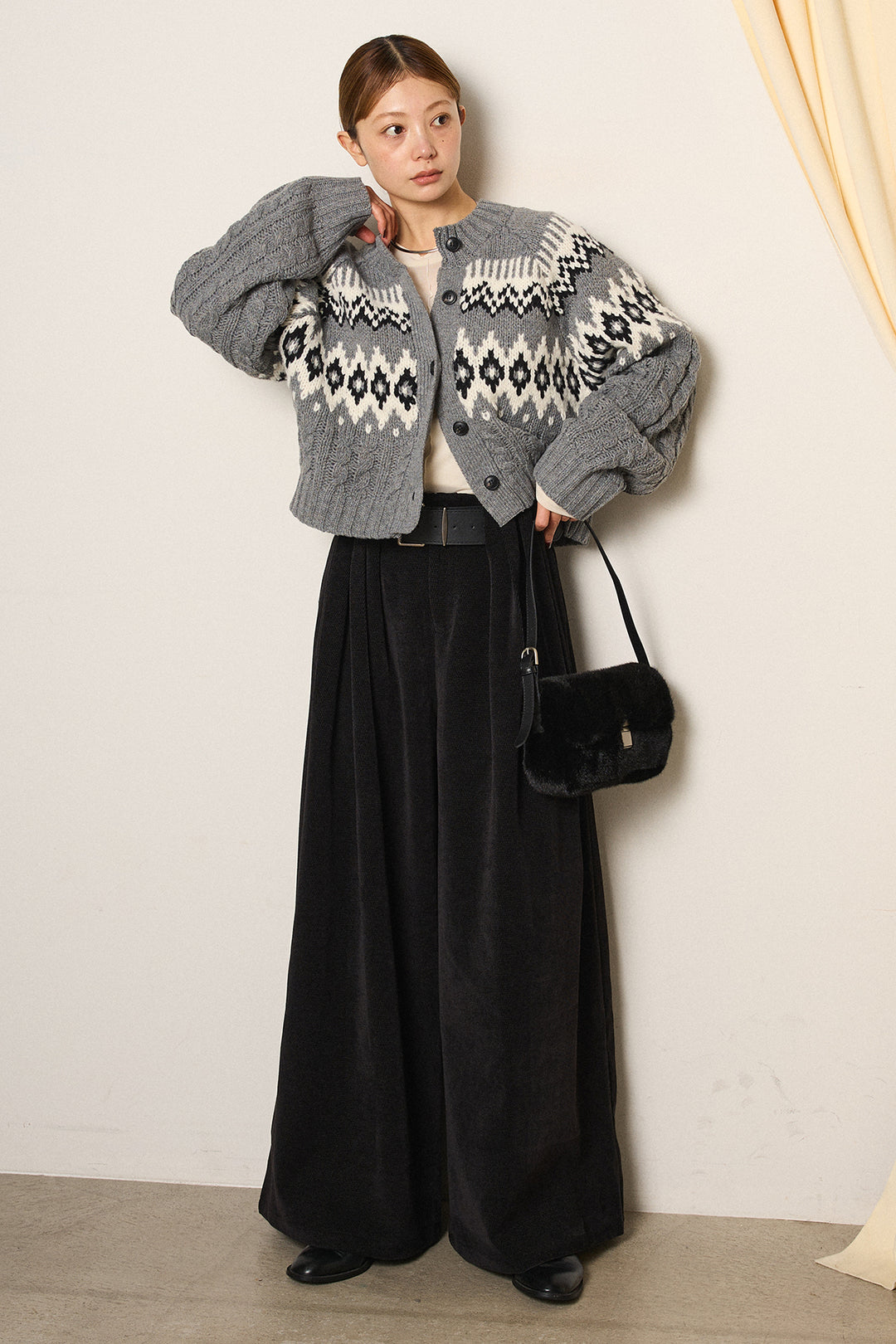 [SET]2WAY求心柄ジャガードショートカーディガン+ベルトループコーデュロイワイドパンツ+2WAY袖コード刺繍クルーネックプルオーバー(3set)