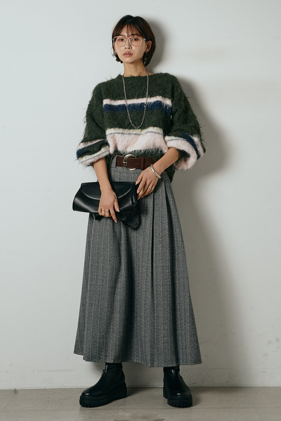[SET]起毛配色マルチボーダーニットトップス+太ベルト付きヘリンボーンプリーツスカート(2set)