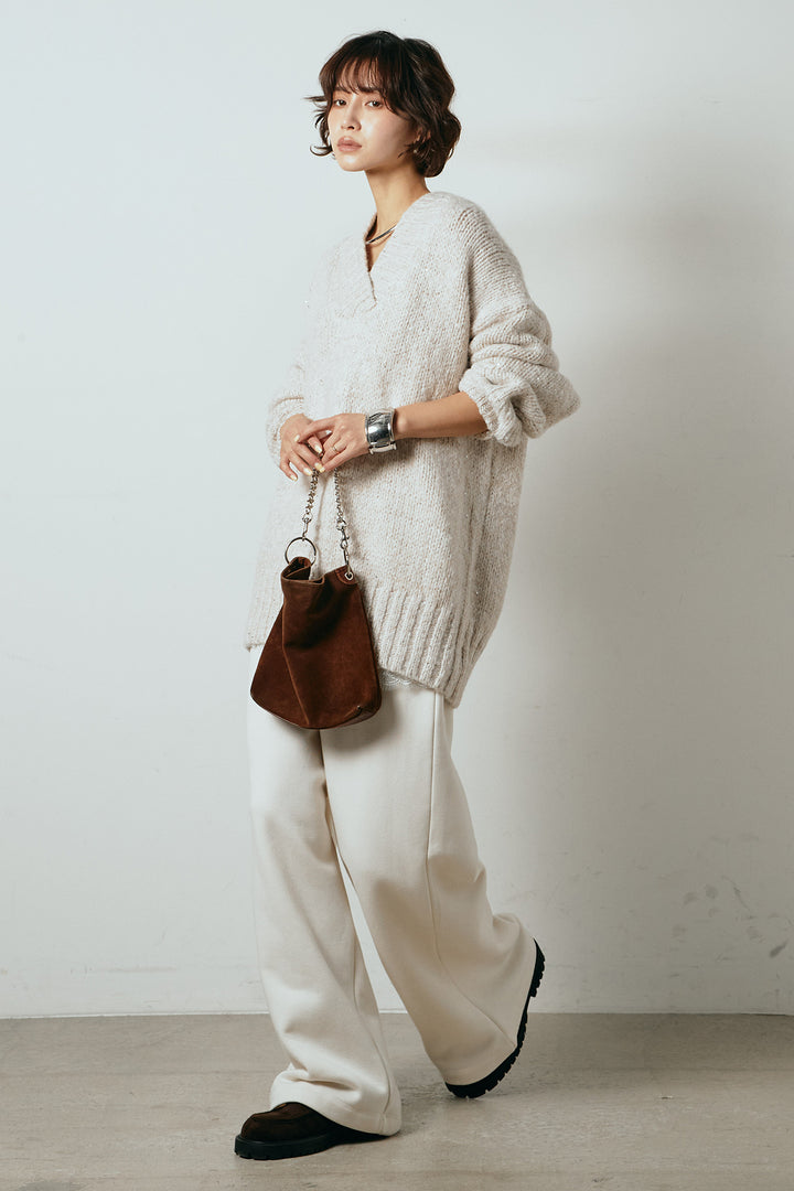 [SET]Vネックラメニットトップス+裏起毛スウェットワイドパンツ(2set)