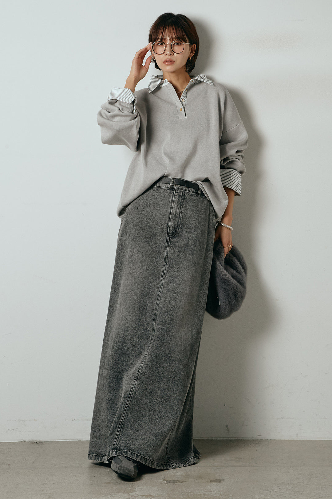 [SET]ストライプシャツドッキングポロトップス+デニムロングフレアスカート(2set)