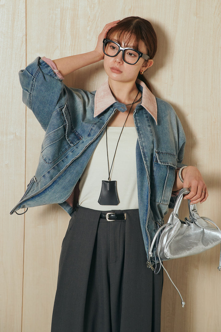 [SET]襟付き配色デニムブルゾン+ビックベルトループタックベルト付きワイドパンツ(2set)