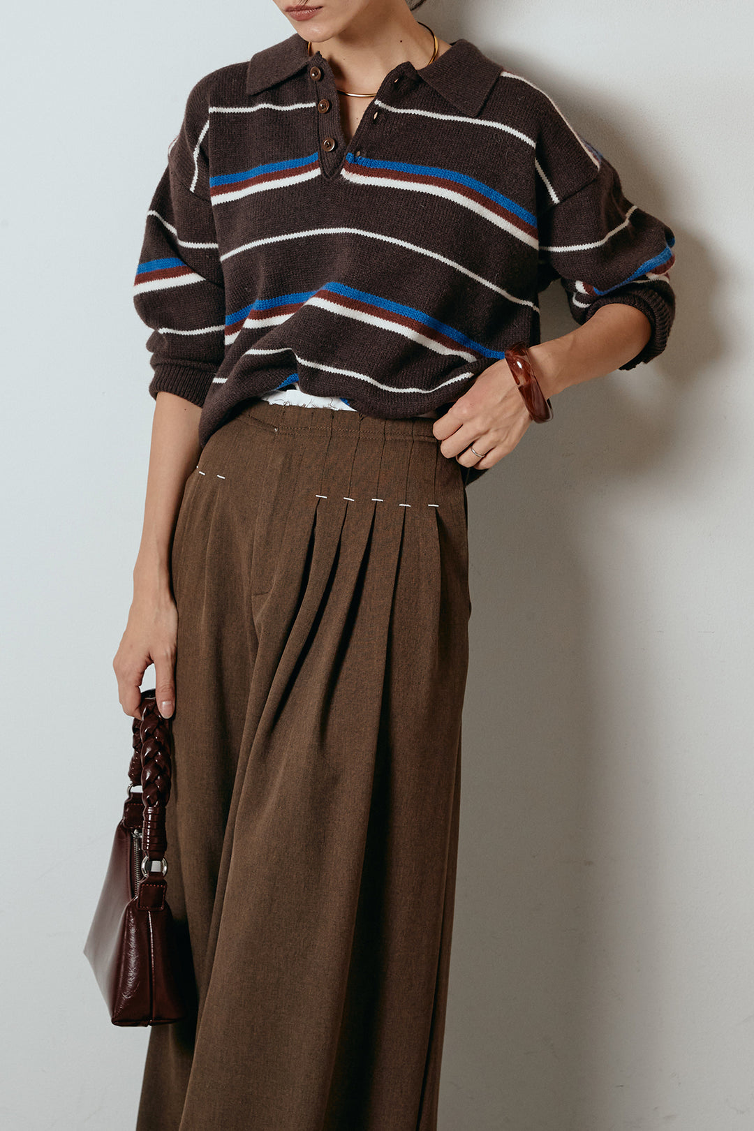 [SET]襟付きマルチボーダーニットポロトップス+ウエストステッチデザインワイドスラックス(2set)