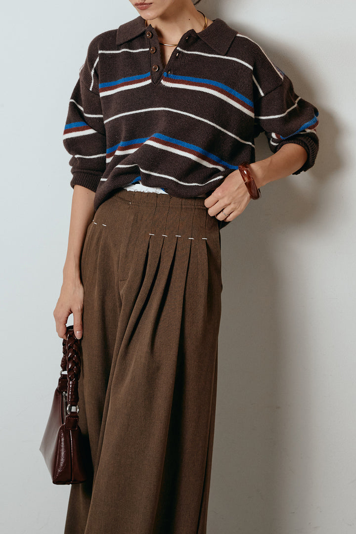 [SET]襟付きマルチボーダーニットポロトップス+ウエストステッチデザインワイドスラックス(2set)