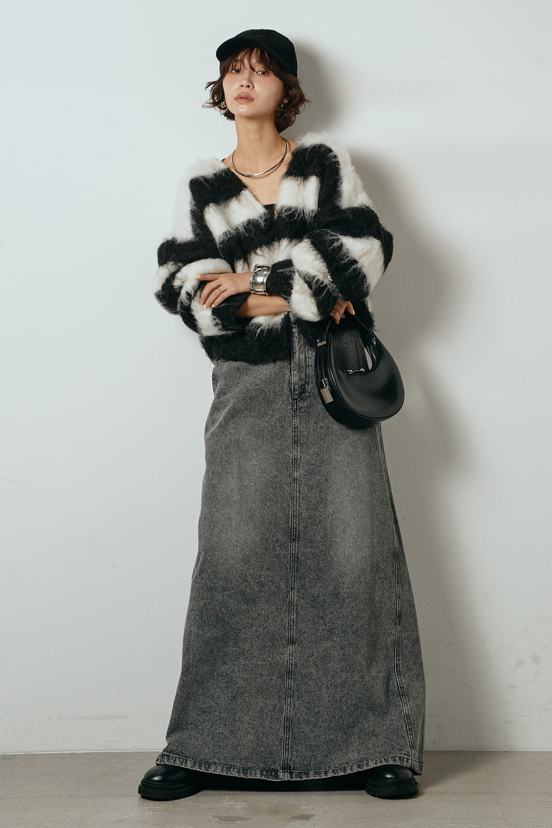 [SET]シャギーボーダー柄ニットカーディガン+デニムロングフレアスカート(2set)