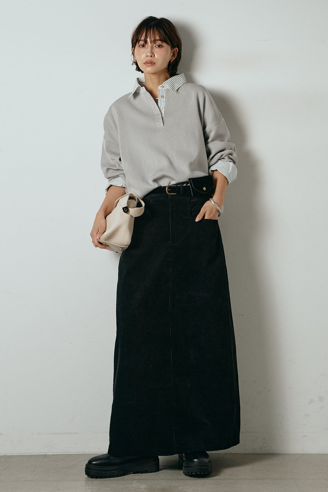 [SET]ストライプシャツドッキングポロトップス+ポーチベルト付きコーデュロイワイドスカート(2set)