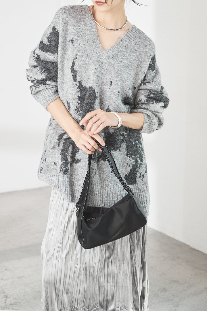 [SET]アブストラクト柄ニットプルオーバー+ベロアロングプリーツスカート(2set)
