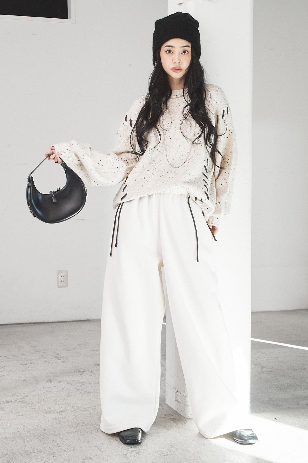 [SET]ネップ編み上げニットトップス+裏起毛スウェットワイドパンツ(2set)