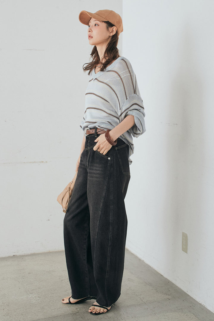 [SET]綿タッチVネックボーダートップス+デニムヨークパンツ(2set)