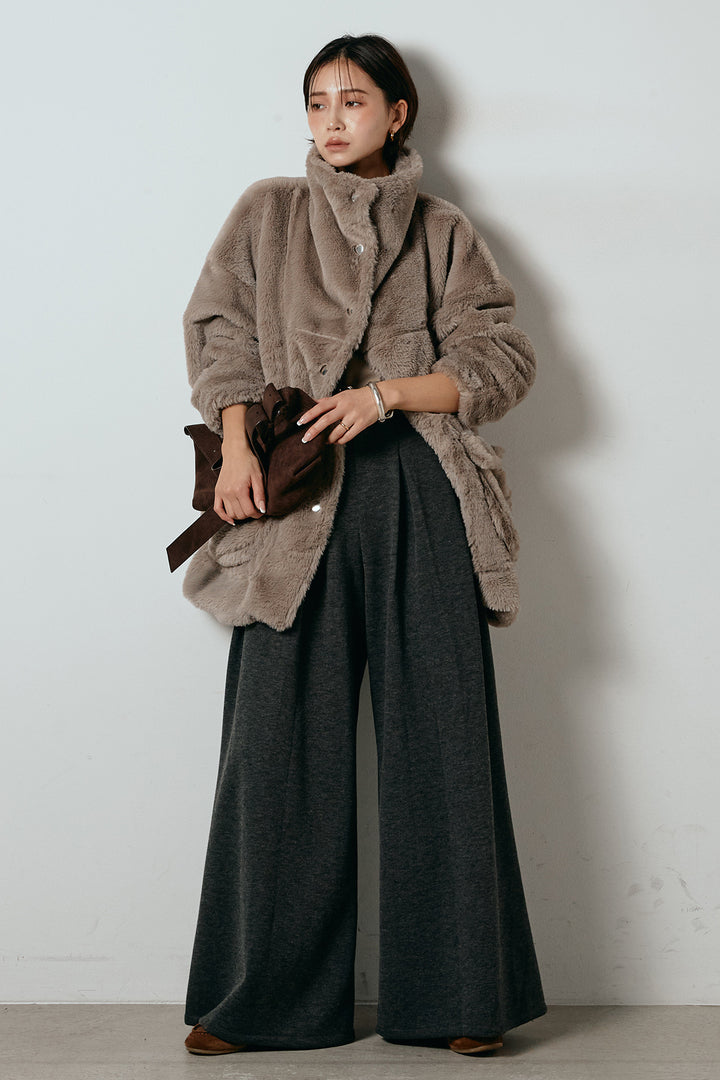 [SET]スタンドネックファーコート+フェイクレザー太ベルト付きタックワイドパンツ(2set)